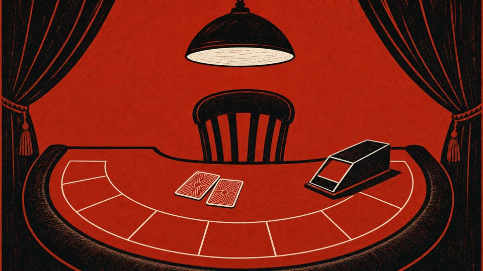 Mesa de blackjack vacía con dos cartas boca abajo bajo una lámpara, en grabado bermellón y negro