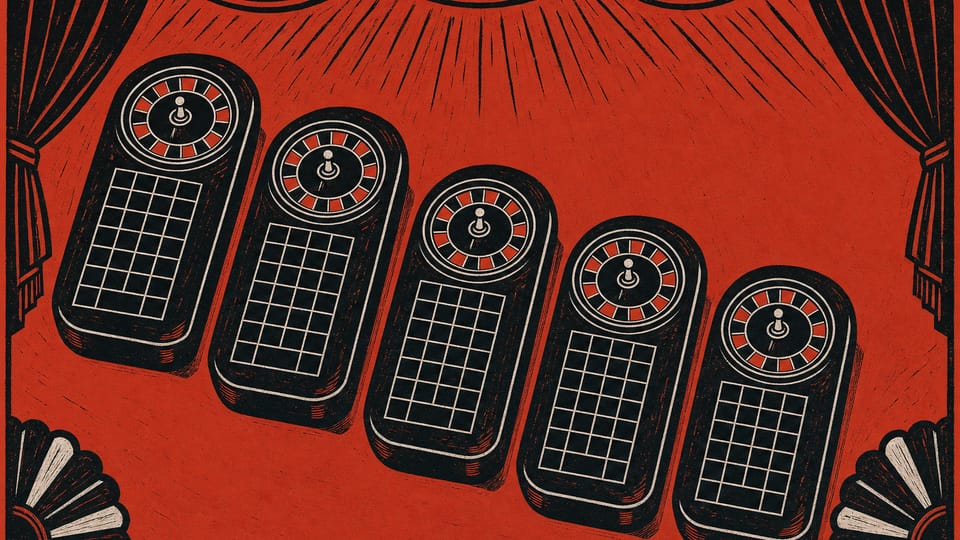 Cinco mesas de ruleta dibujadas en fila como números de un programa de teatro