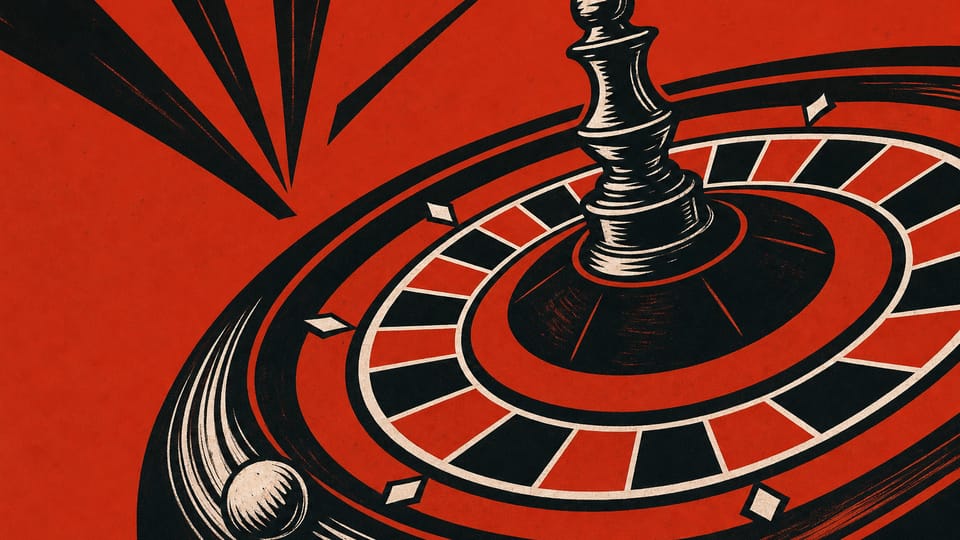 Rueda de ruleta girando con la bola en la pista, grabada en negro sobre bermellón